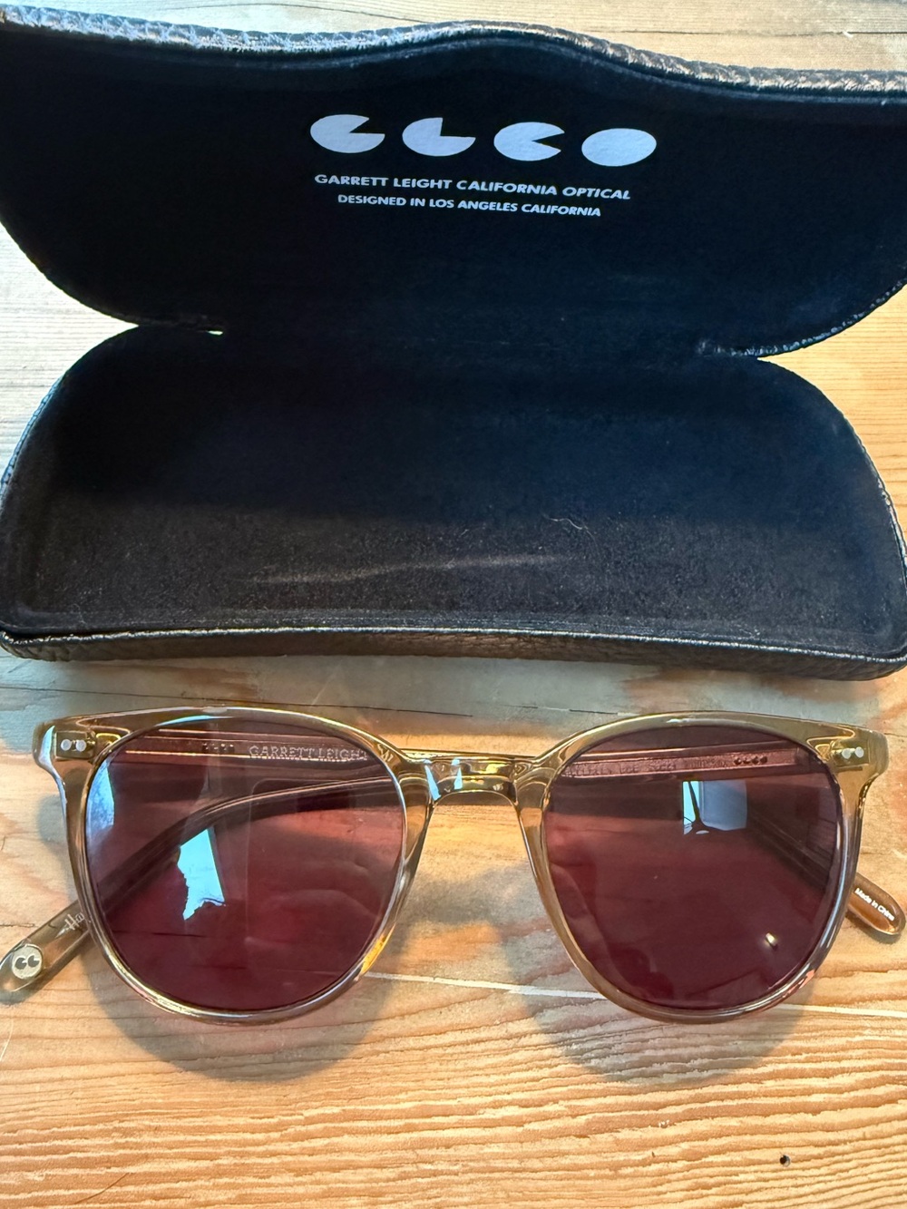 Garrett Leight Wellesley Transparent Amber Frame Sunglasses with Rose Lenses